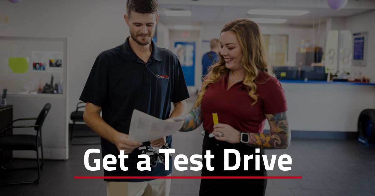 graphic of a car saleswoman giving a test drive to a customer