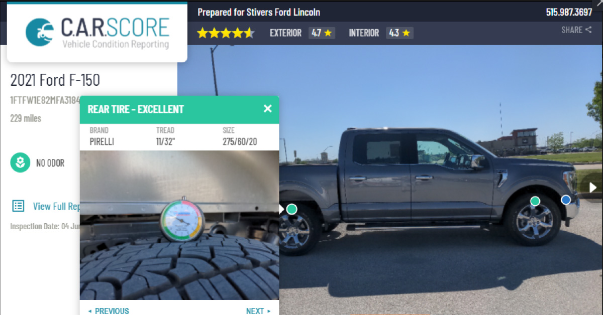 screenshot of a C.A.R.Score vehicle condition report for a Ford F150