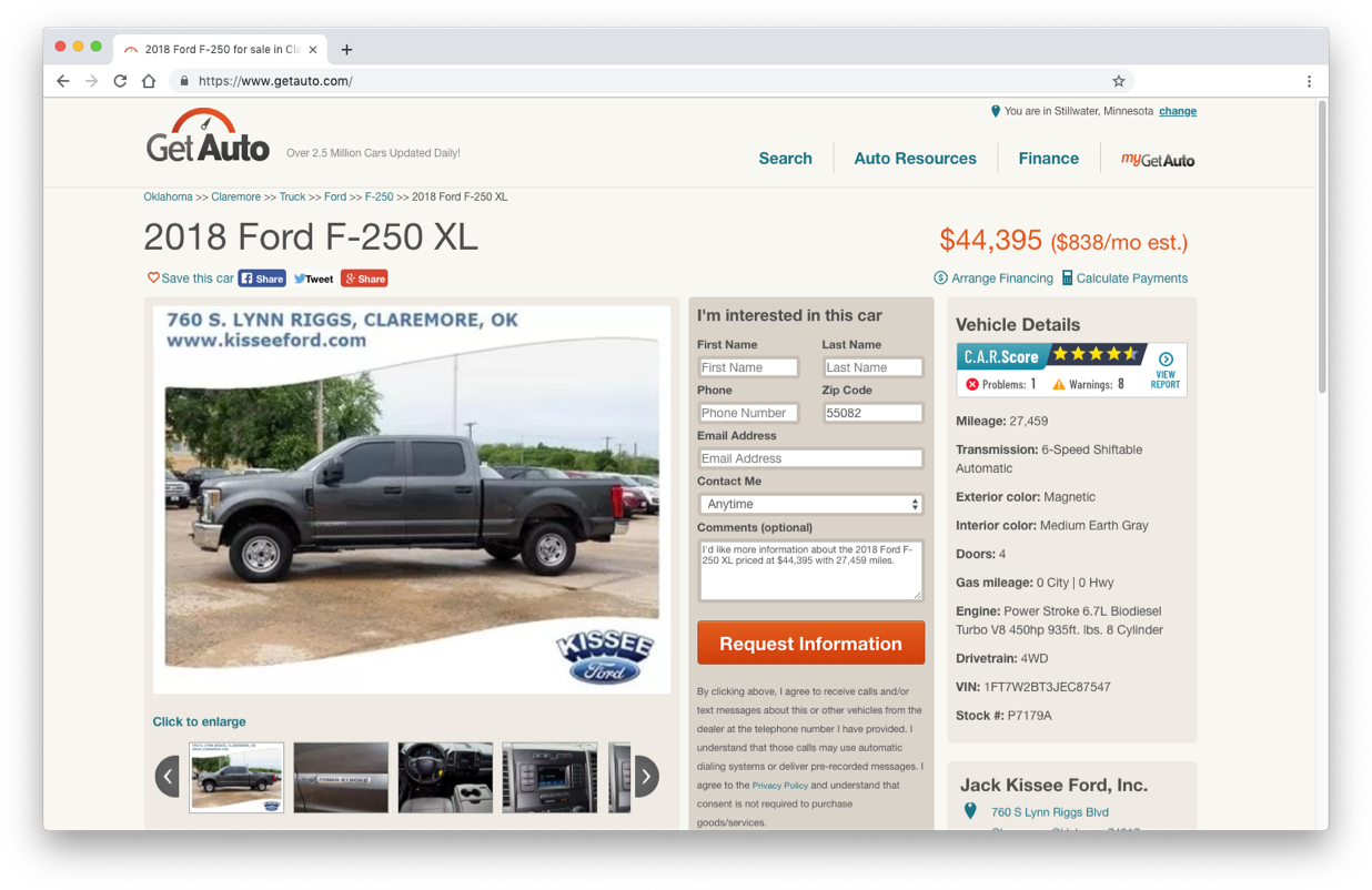 Screenshot of a vehicle listing page